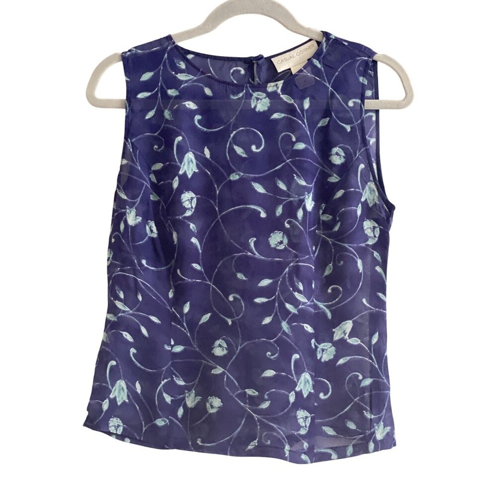 VTG Casual Corner Top Sleeveless Blue Floral See Through  Zipper Women size 6